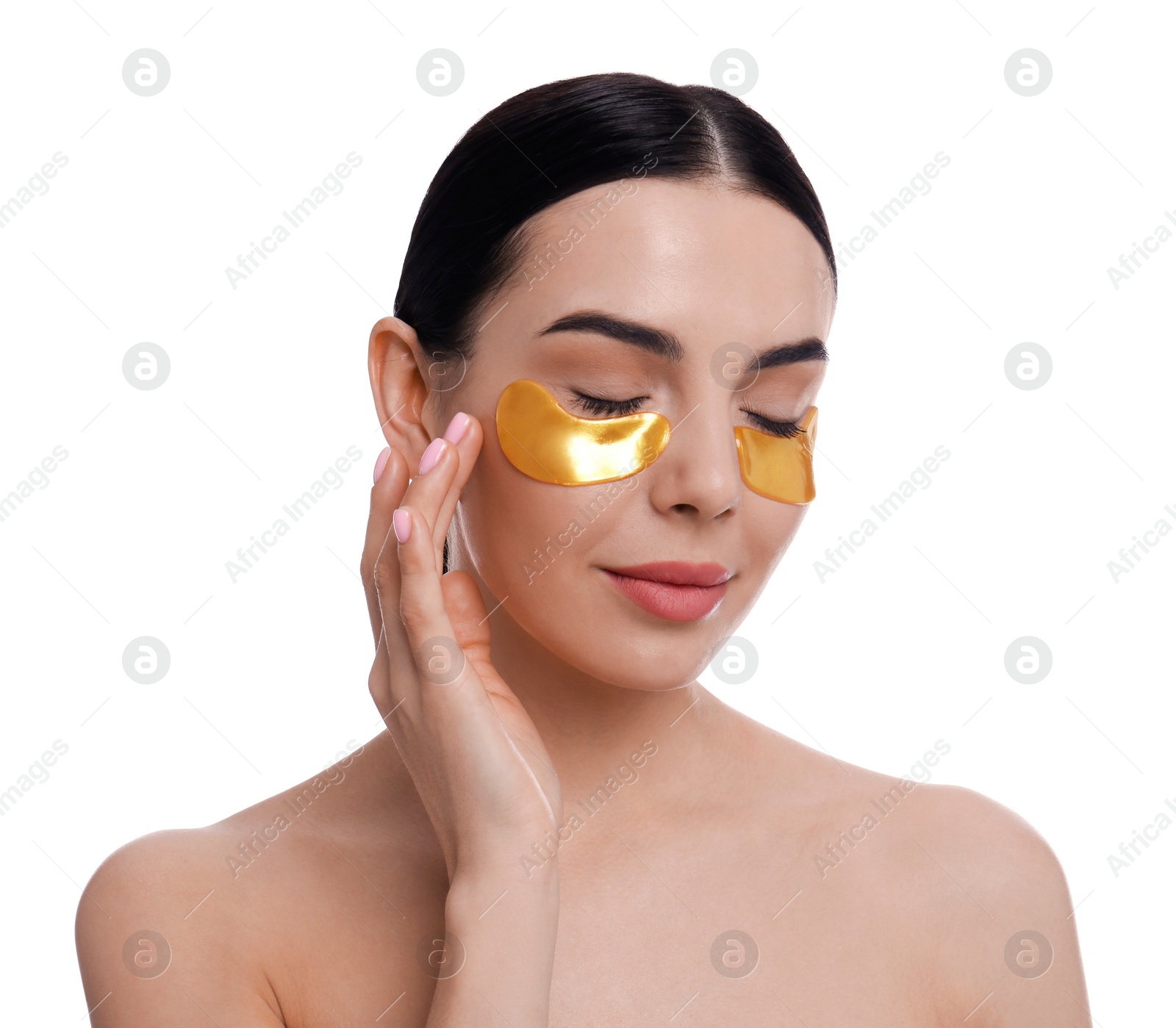 Photo of Beautiful young woman with under eye patches on white background