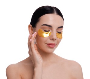 Photo of Beautiful young woman with under eye patches on white background