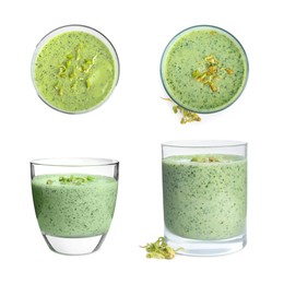 Image of Set with green buckwheat smoothies on white background