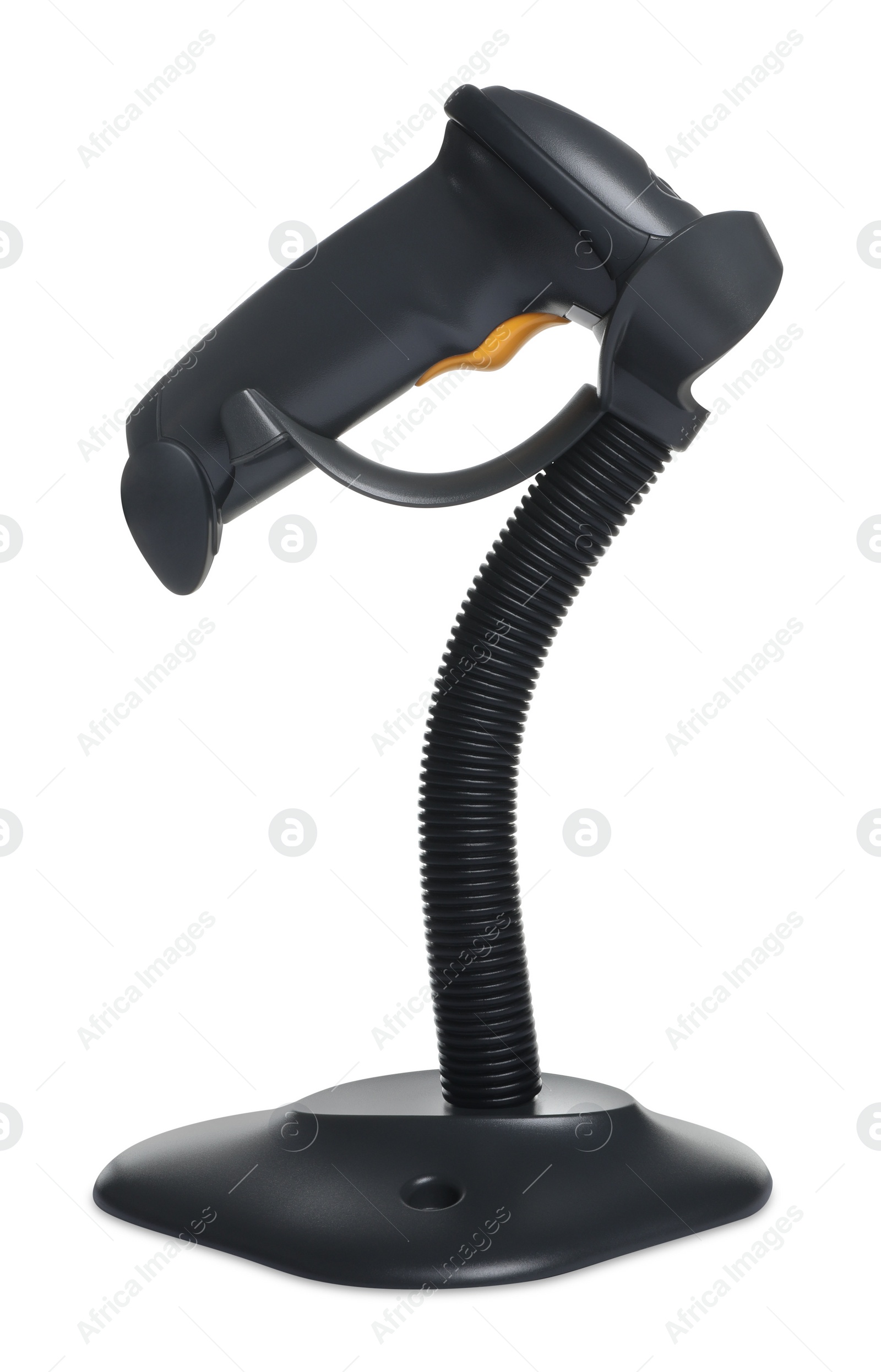 Photo of Stand with barcode scanner isolated on white