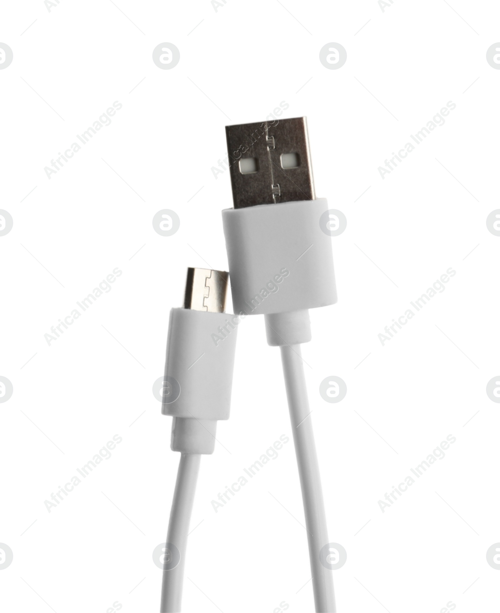 Photo of USB charge cable isolated on white, top view. Modern technology