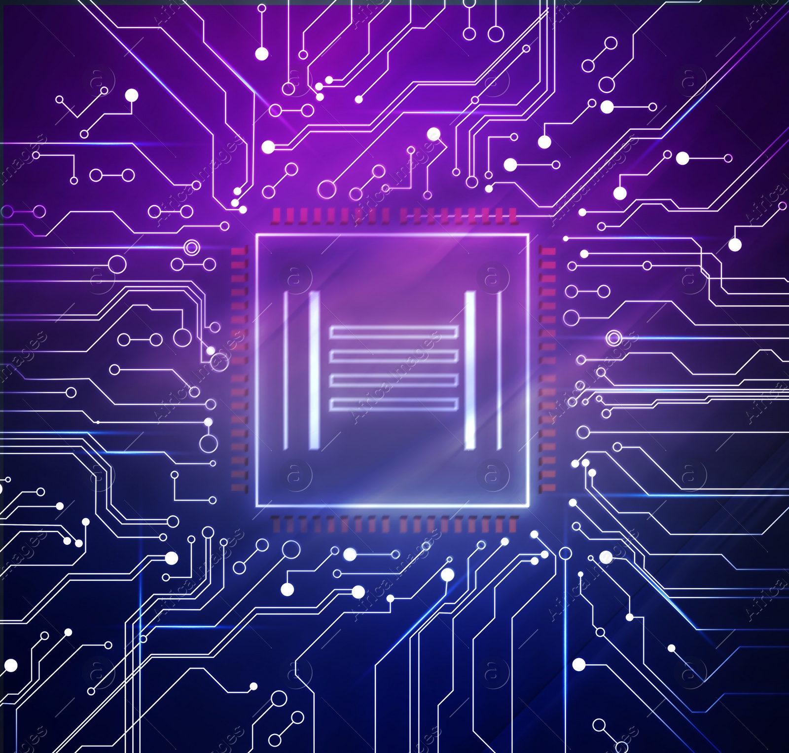 Illustration of Electronics and technology. Circuit board with chip pattern illustration