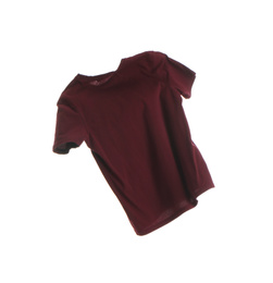Photo of Dark red t-shirt isolated on white. Stylish clothes
