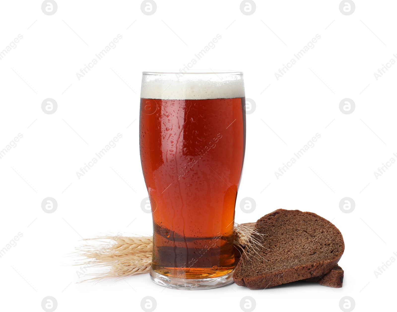 Photo of Delicious kvass, bread and spikes on white background