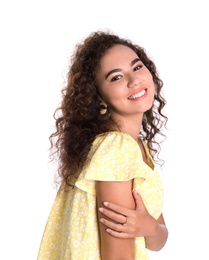 Portrait of beautiful laughing African-American woman on white background