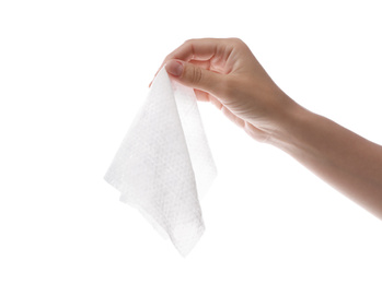 Photo of Woman holding wet wipe on white background, closeup