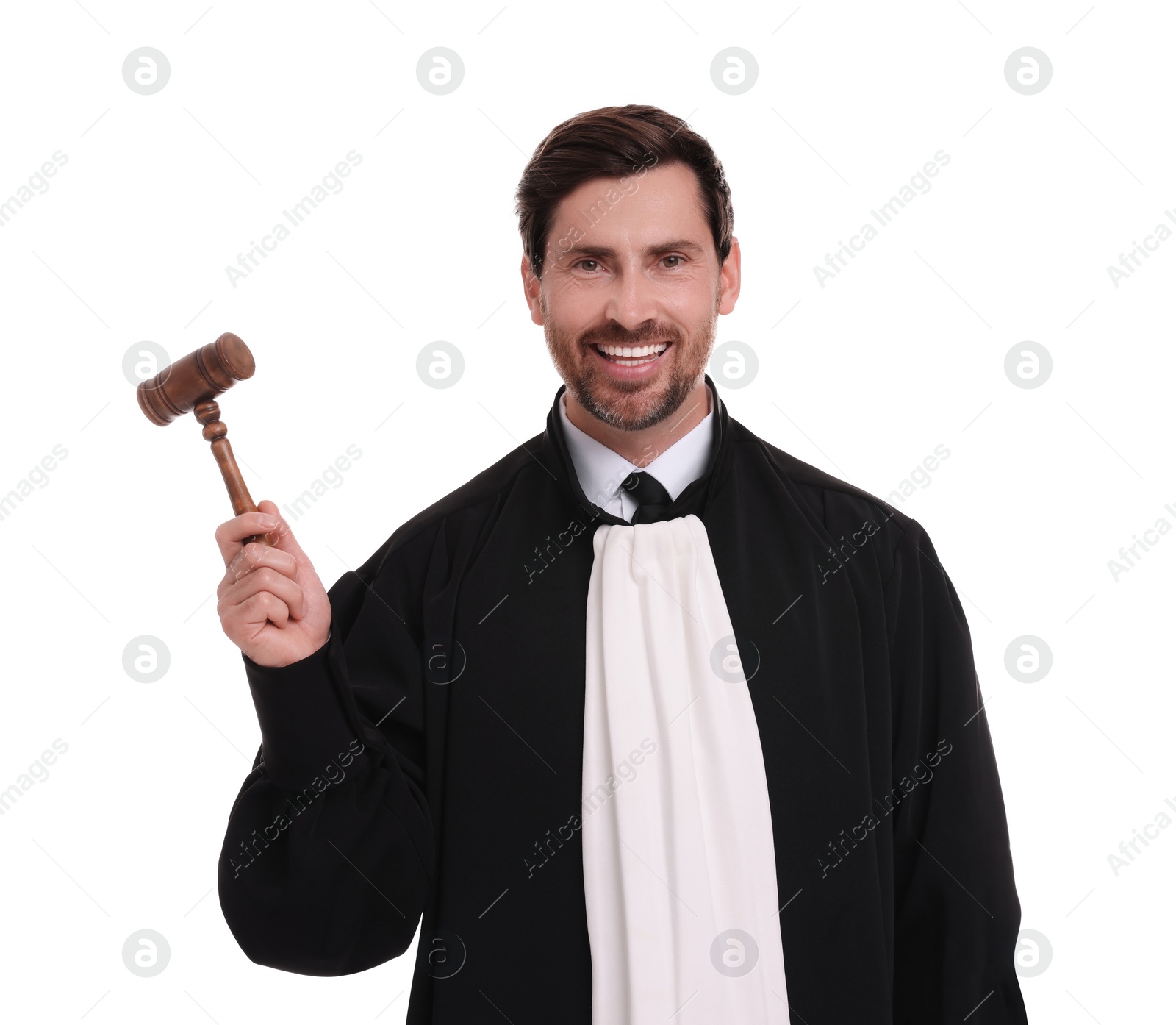 Photo of Smiling judge with gavel on white background