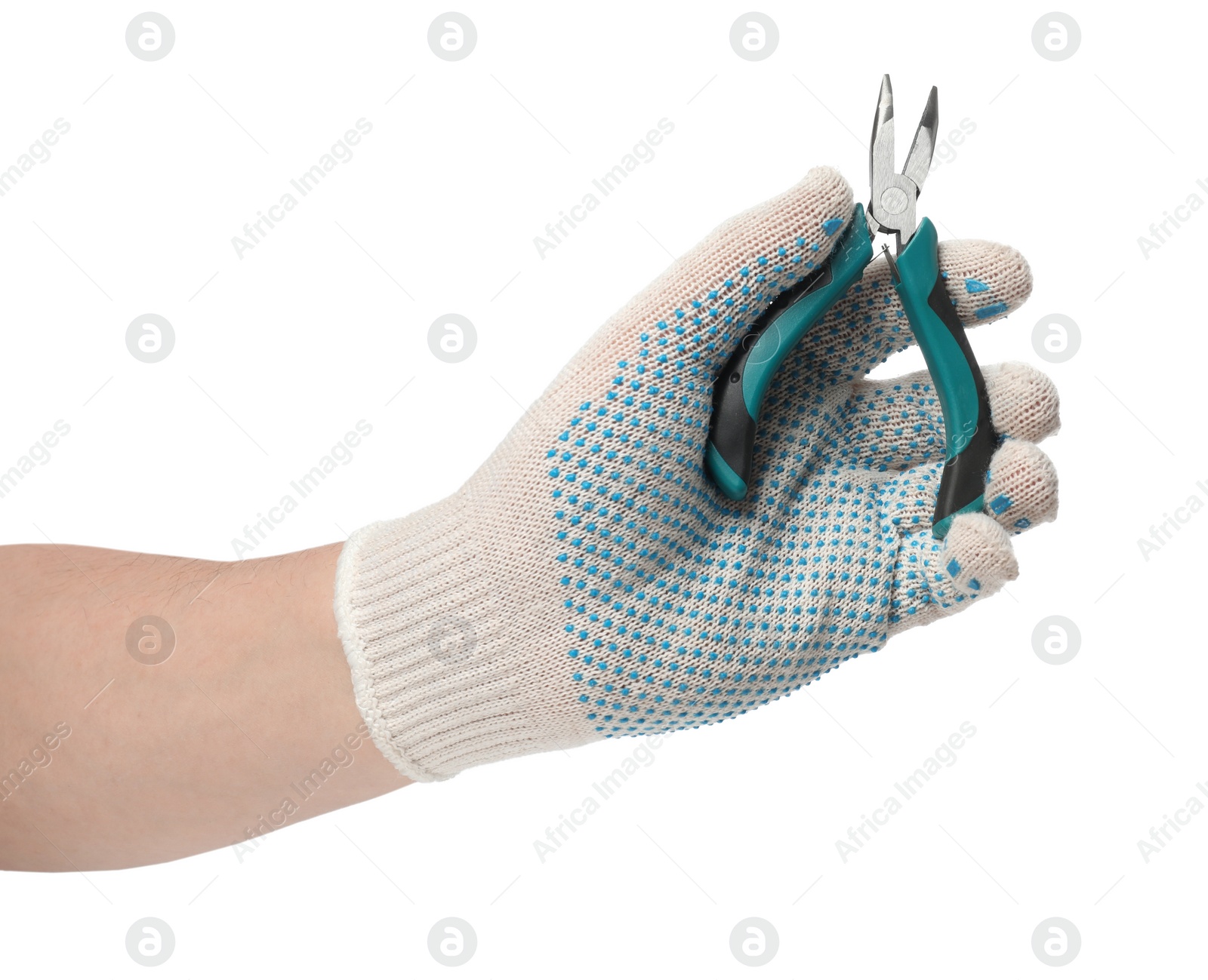 Photo of Man with bent nose pliers on white background, closeup