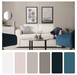 Color palette and photo of stylish living room interior. Collage