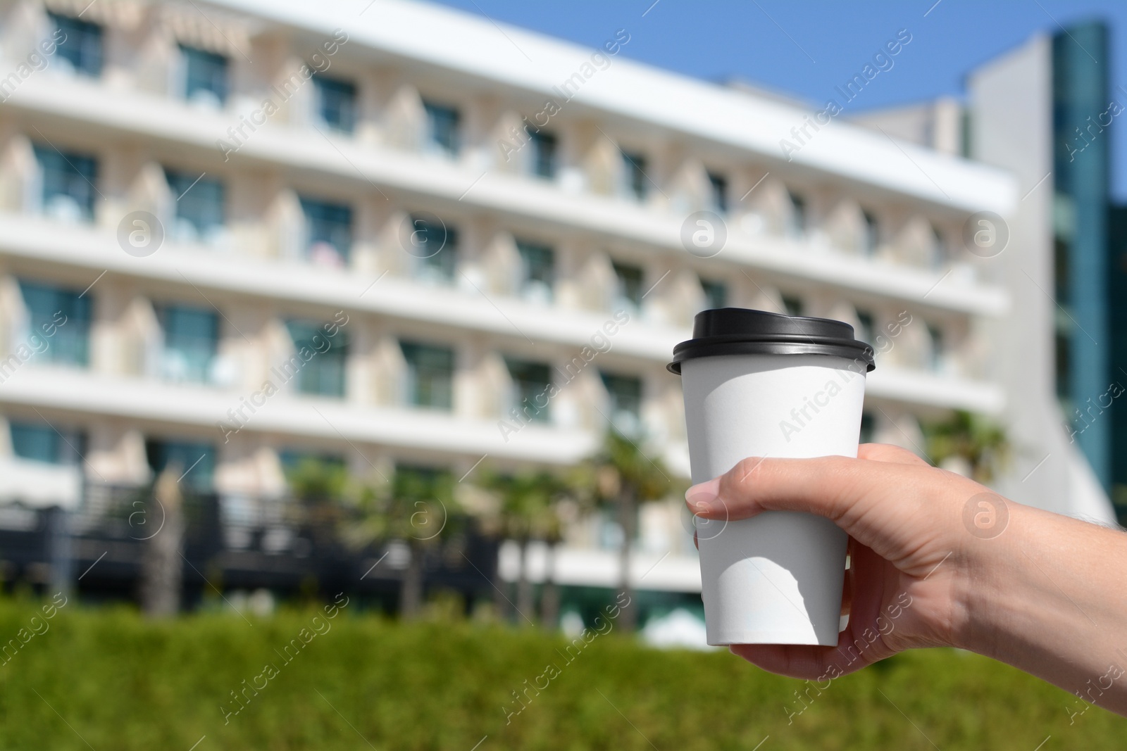 Photo of Woman holding takeaway coffee cup outdoors, closeup. Space for text