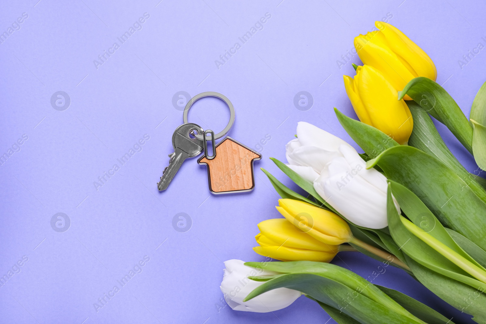 Photo of Beautiful spring flowers and key with trinket in shape of house on violet background, flat lay