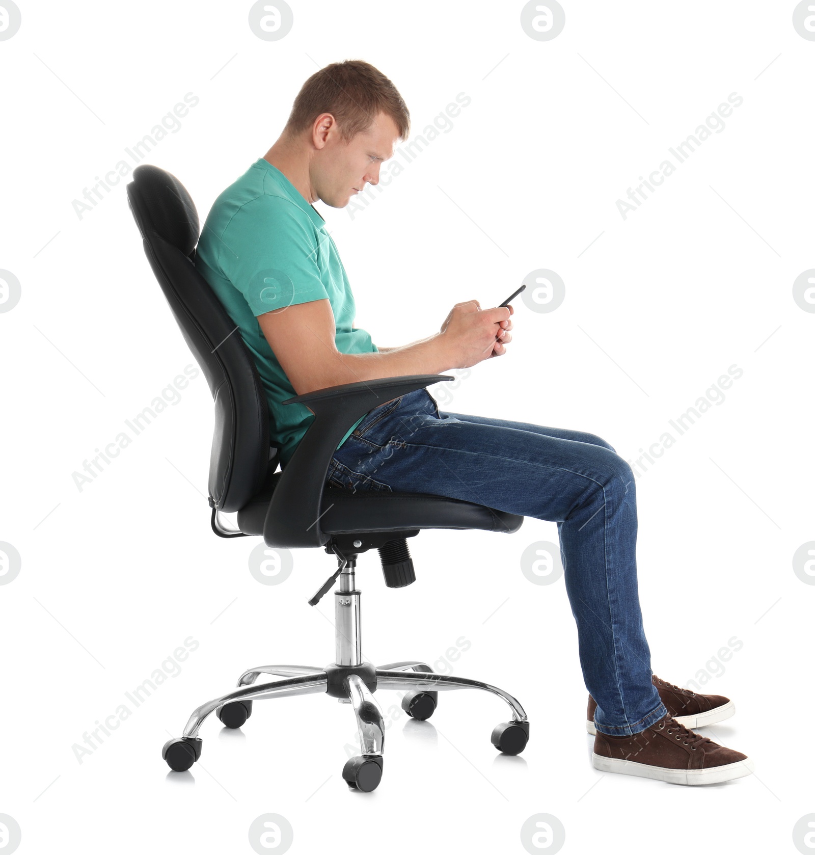 Photo of Man with mobile phone sitting in office chair on white background. Posture concept