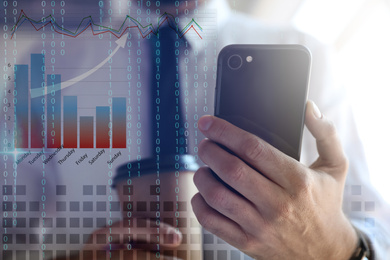 People making money. Closeup of businessman using smartphone indoors surrounded by digital charts and dollar signs 