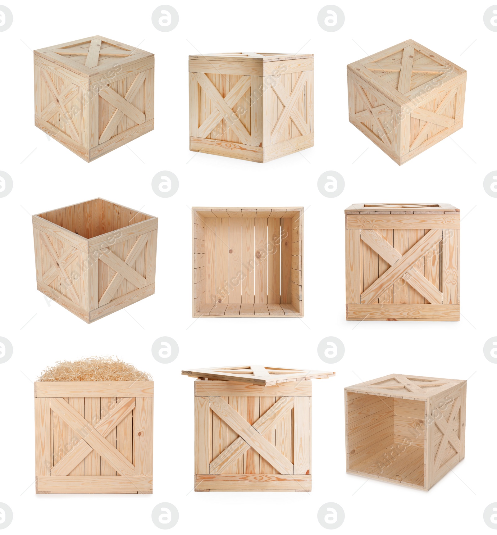 Image of Set of new wooden crates on white background