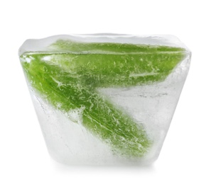 Photo of Fresh green beans in ice cube on white background. Frozen vegetables