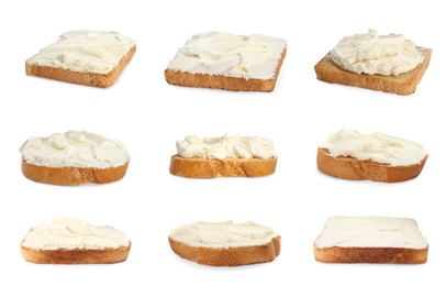 Image of Bread with cream cheese on white background, collage 