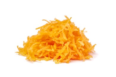 Photo of Pile of fresh grated carrot on white background