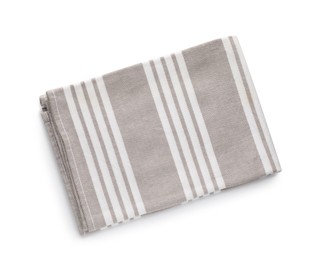 Photo of Grey striped kitchen towel isolated on white, top view