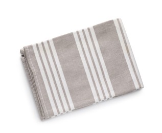 Grey striped kitchen towel isolated on white, top view