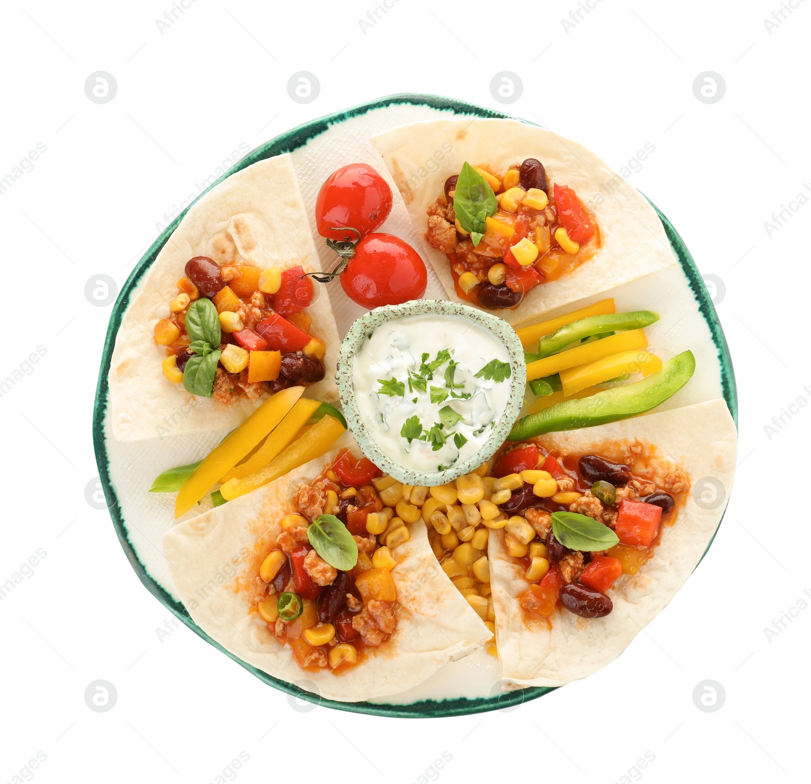 Photo of Plate of tortillas with chili con carne on white background, top view