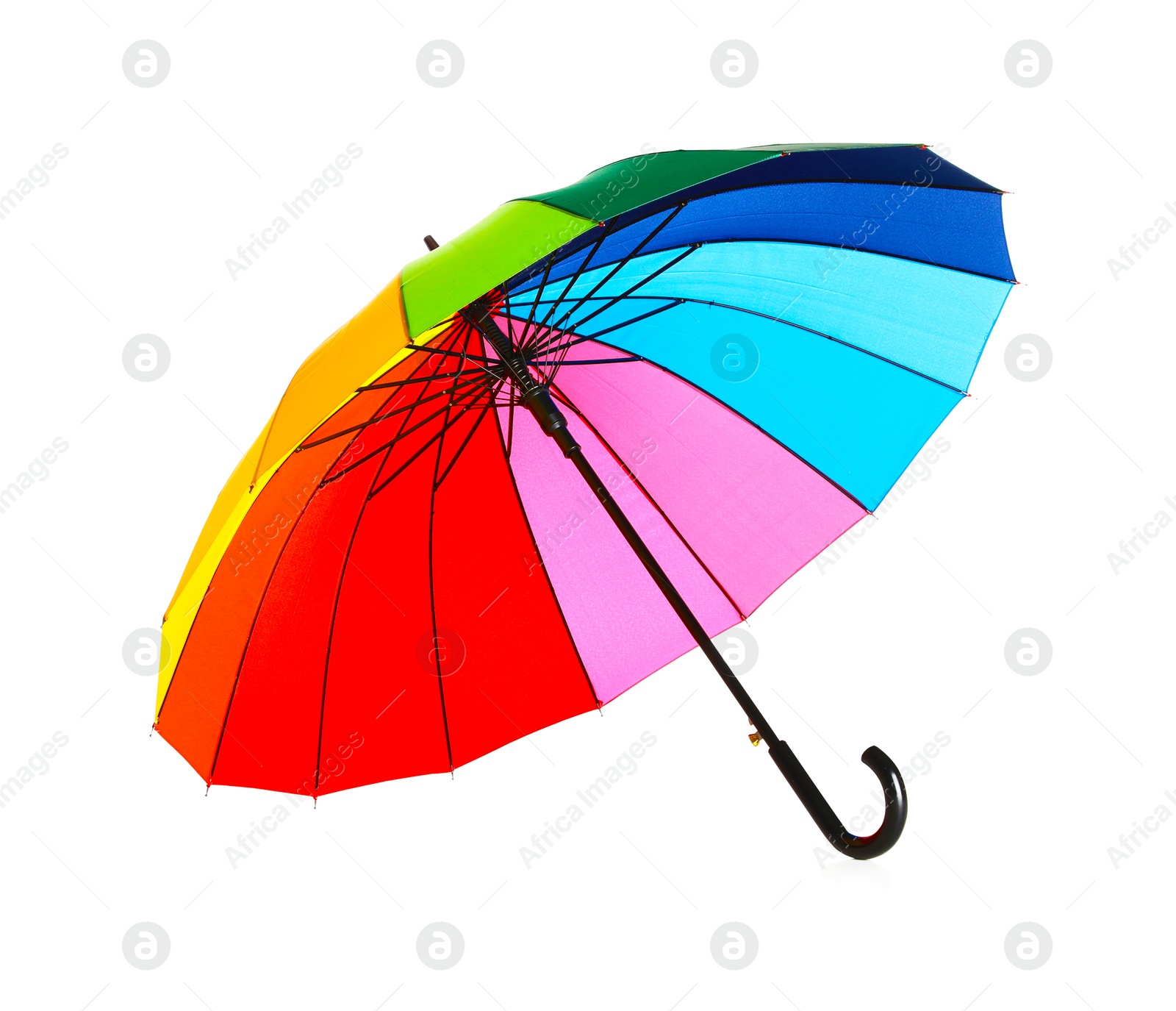 Photo of Open rainbow color umbrella on white background