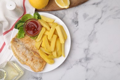 Photo of Delicious fish and chips with different products on light marble table, flat lay. Space for text