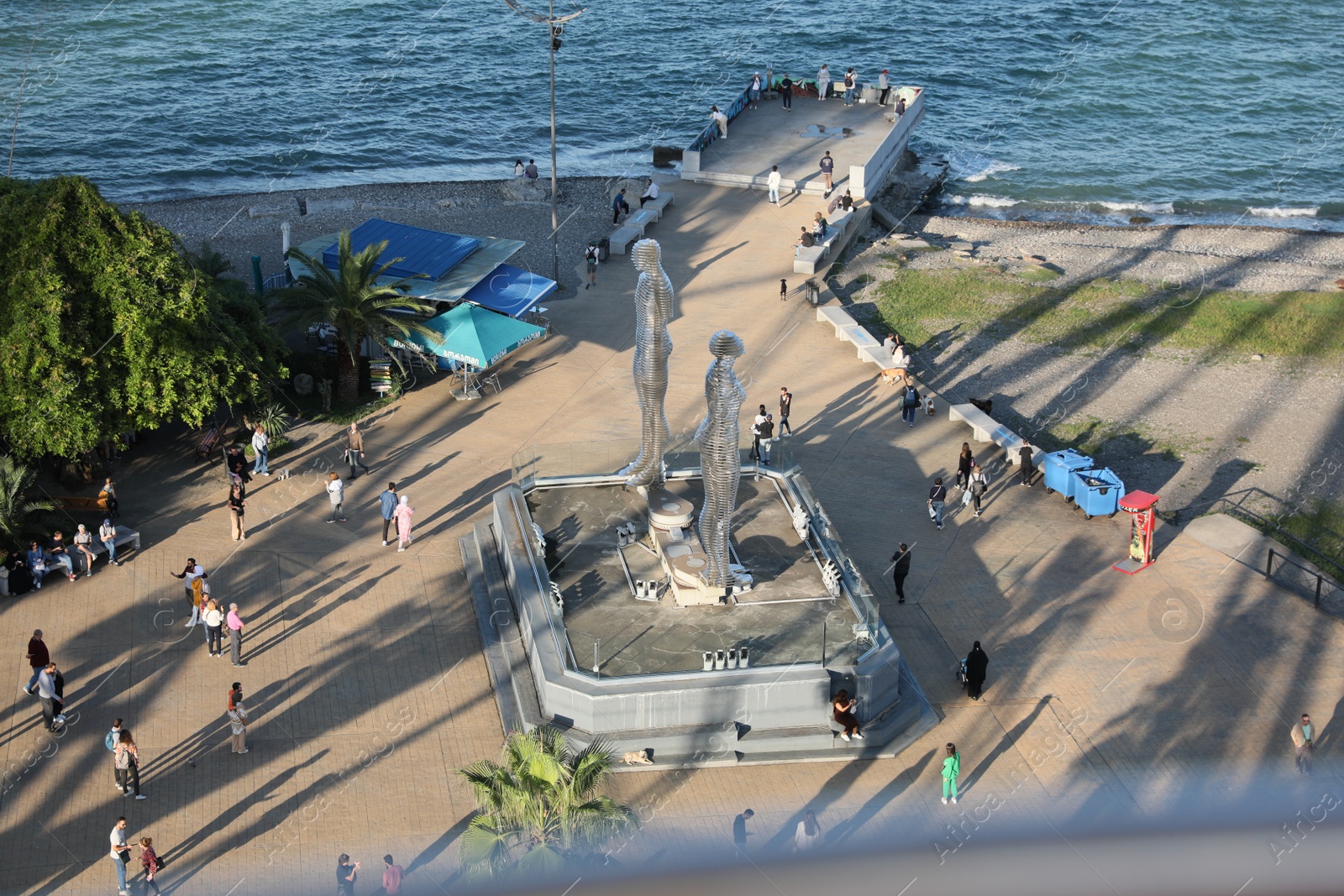Photo of Batumi, Georgia - October 12, 2022: Ali and Nino sculpture near sea, above view