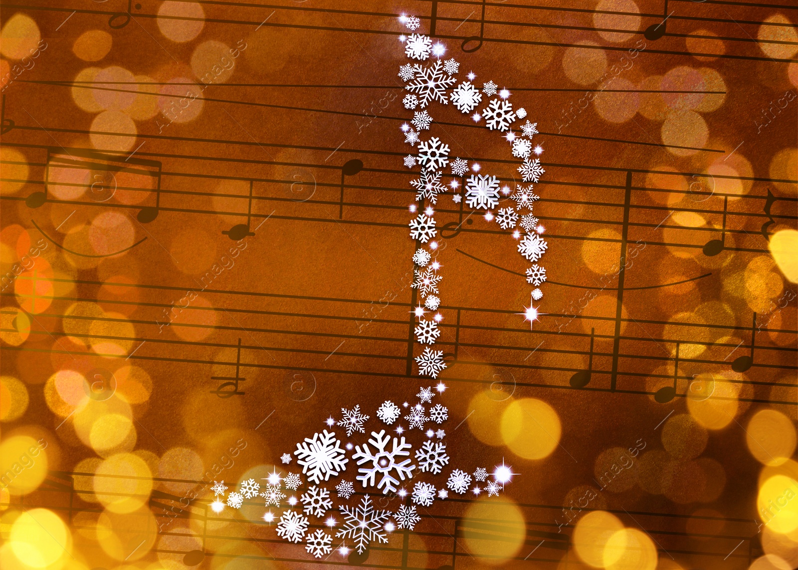 Image of Music note made of snowflakes against sheet with musical symbols. Bokeh effect