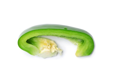 Slice of fresh green bell pepper on white background, top view