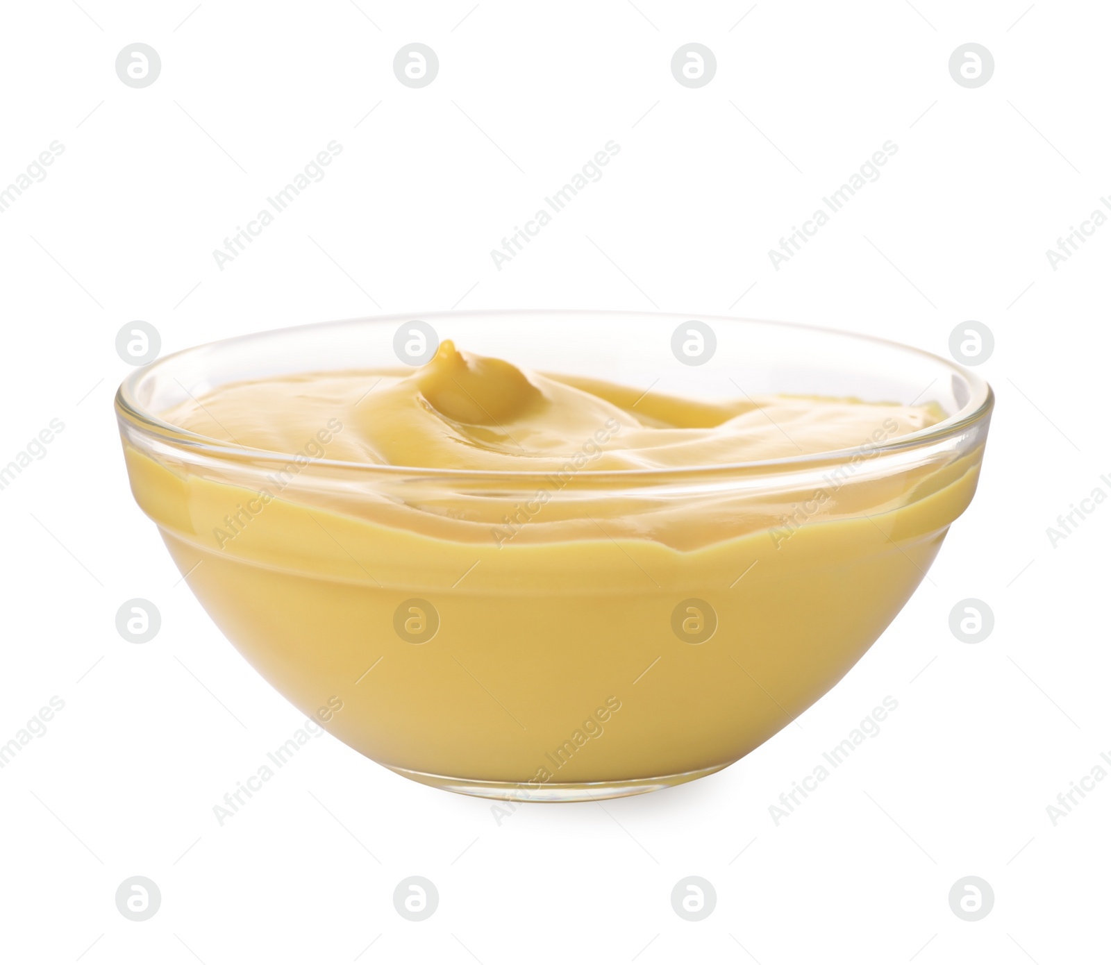 Photo of Spicy mustard in glass bowl isolated on white