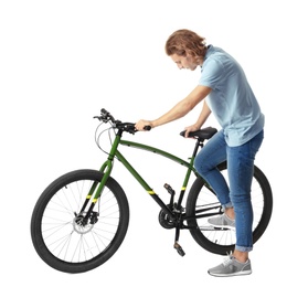 Photo of Young man with bicycle on white background