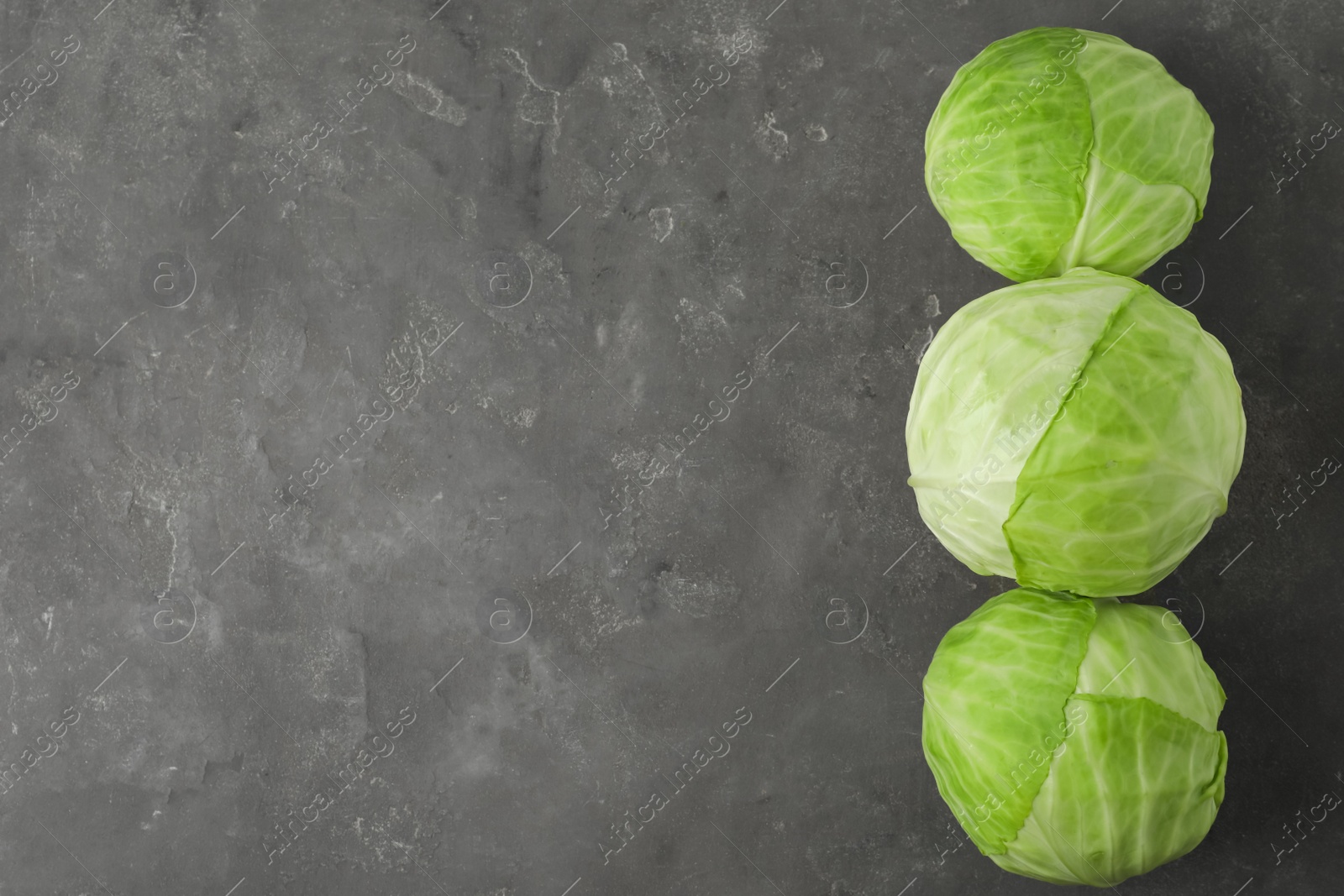 Photo of Ripe white cabbage on grey table, flat lay. Space for text