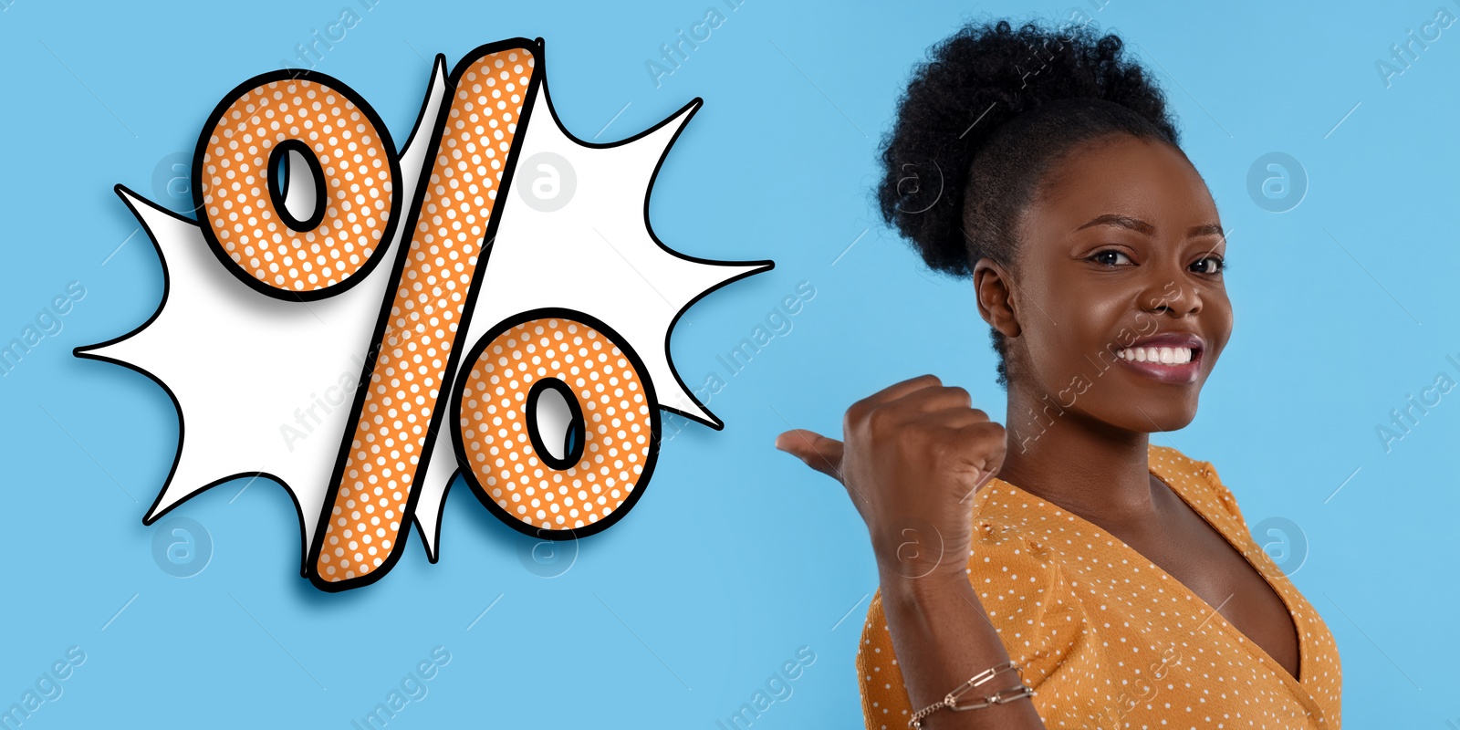 Image of Discount offer. Happy woman pointing at illustration of percent sign on light blue background, banner design
