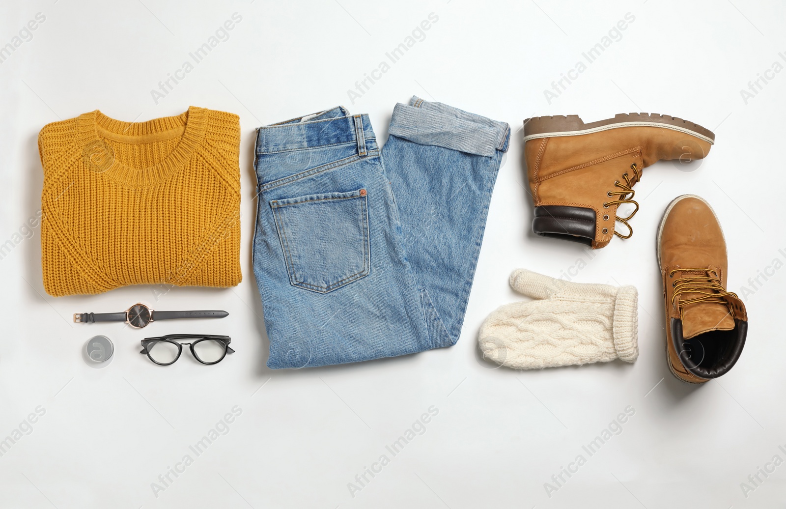 Photo of Set of stylish clothes and accessories on white background, flat lay