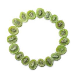 Frame made of kiwi on white background, flat lay. Dried fruit as healthy food