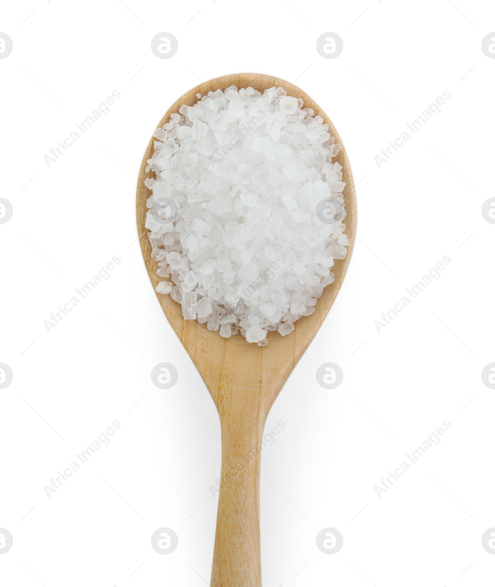 Photo of Natural salt in wooden spoon isolated on white, top view