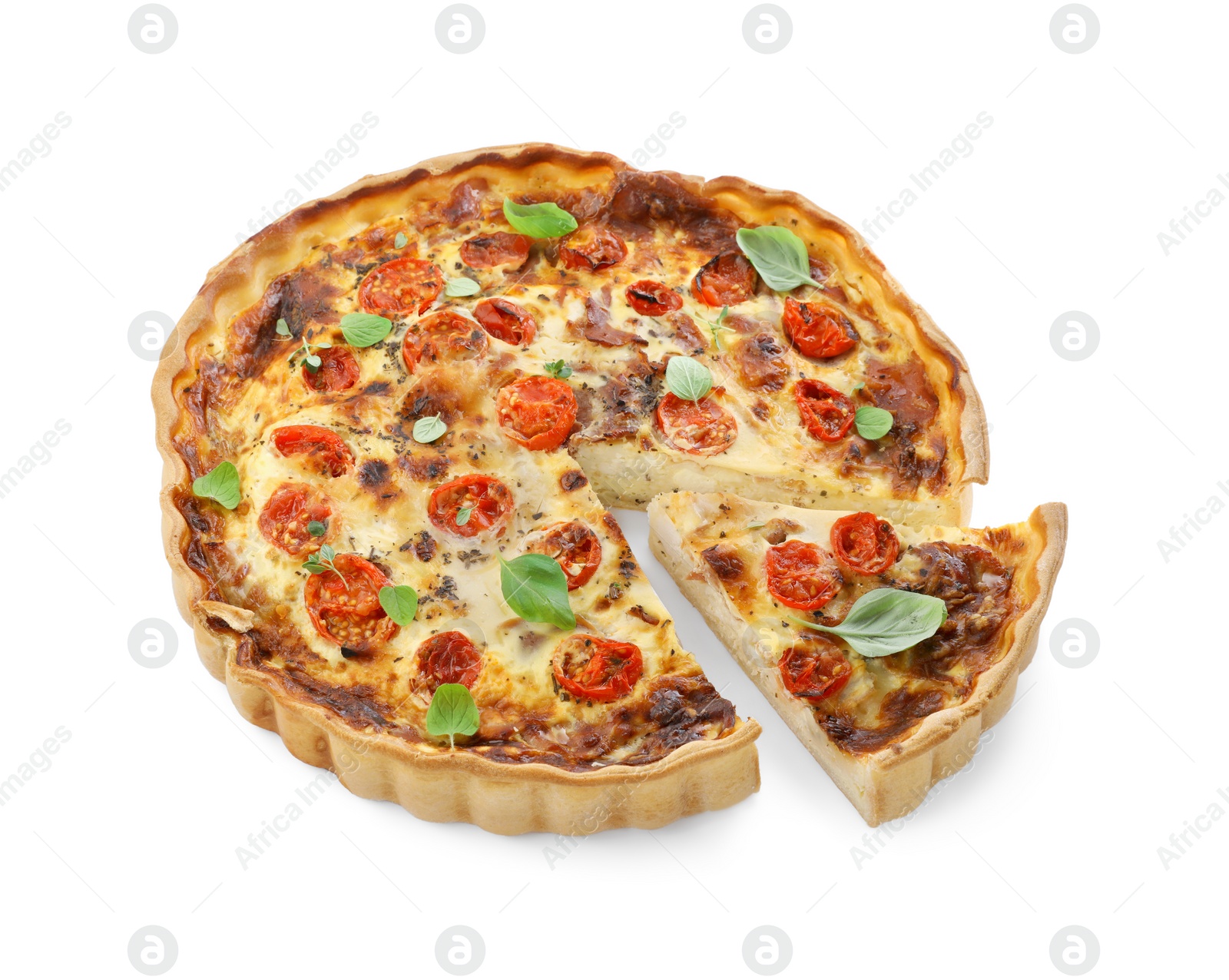 Photo of Cut delicious homemade quiche with prosciutto isolated on white, above view