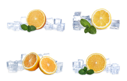 Image of Set of ice cubes, mint and lemons on white background