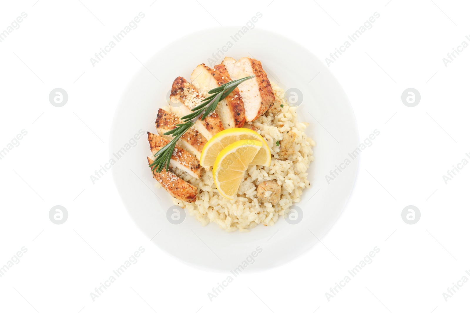 Photo of Delicious chicken risotto and lemon slices isolated on white, top view