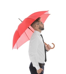 Photo of Businessman with red umbrella on white background