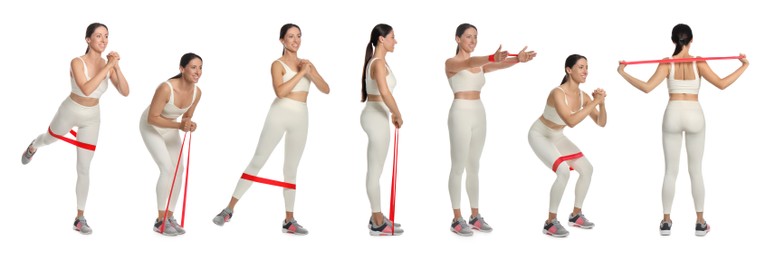 Woman doing sportive exercises with fitness elastic band on white background, collage. Banner design