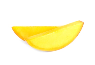 Photo of Juicy mango slices on white background. Tropical fruit