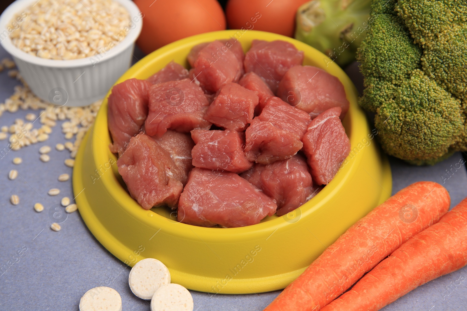 Photo of Raw meat in bowl, vitamins and products for pet on color background, closeup