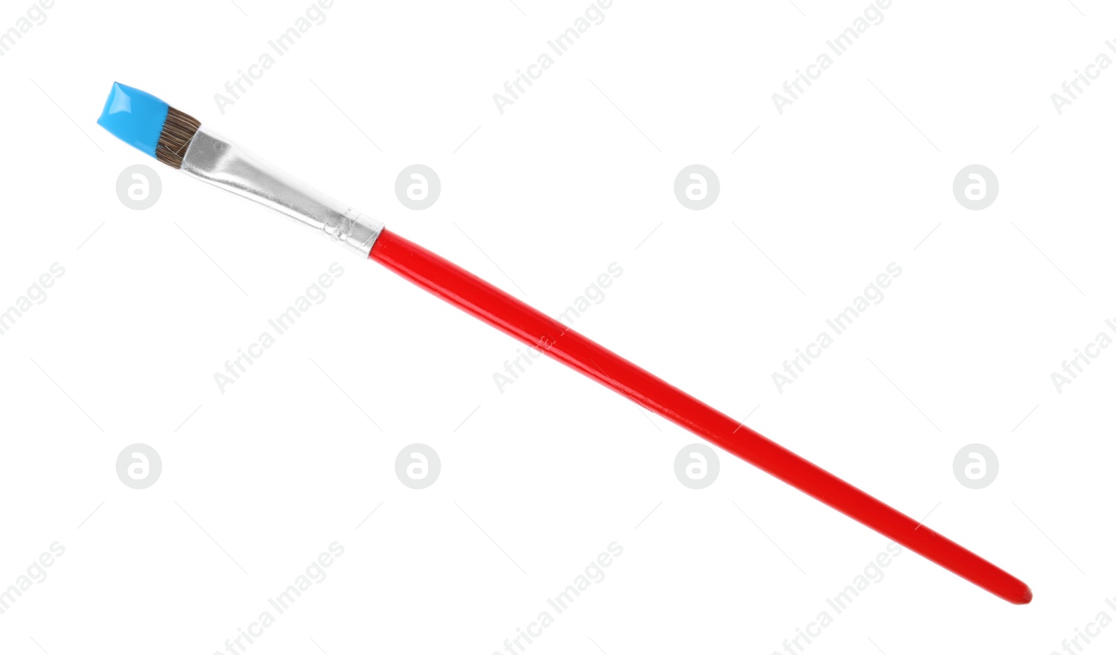 Photo of Brush with color paint on white background, top view