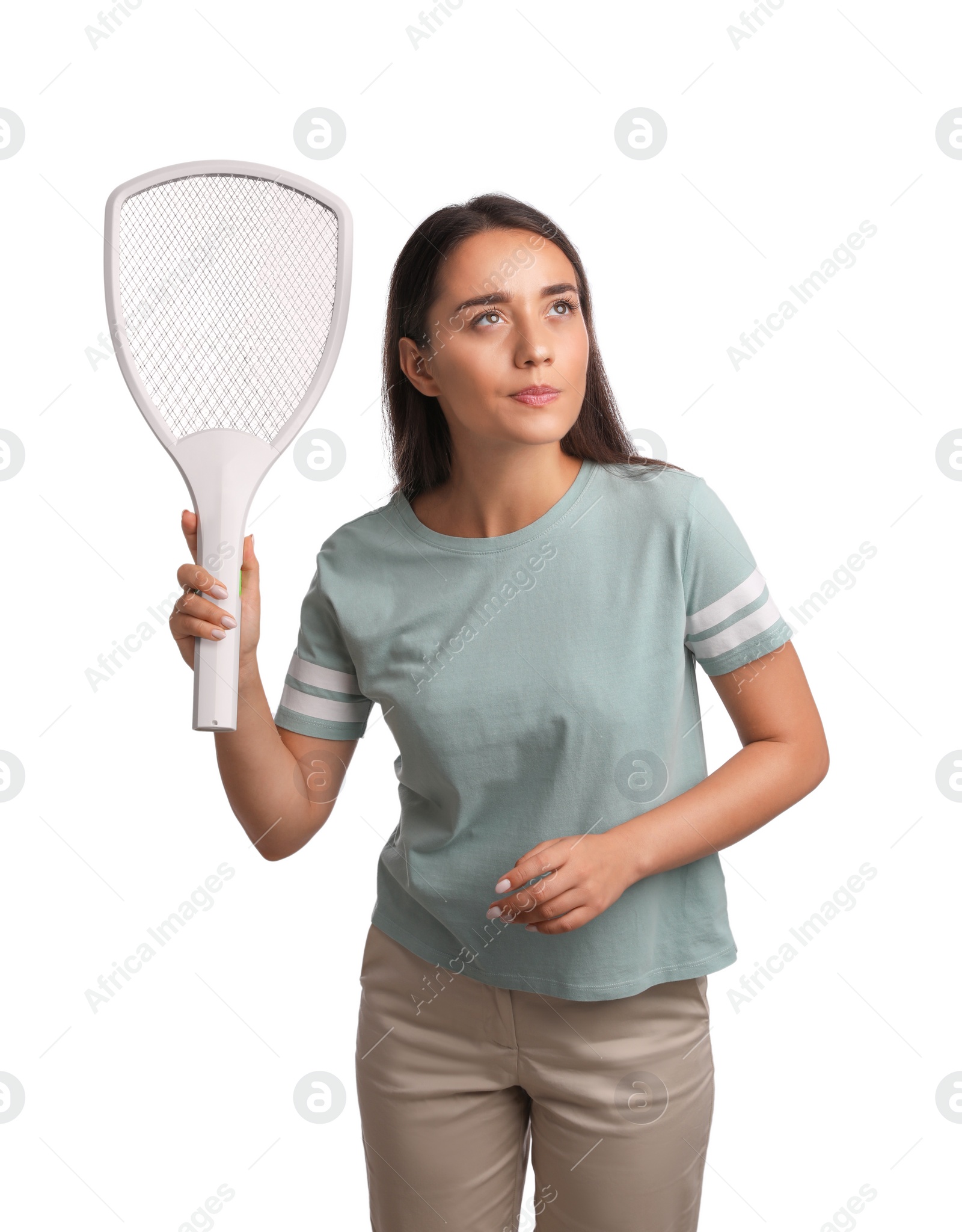 Photo of Young woman with electric fly swatter on white background. Insect killer