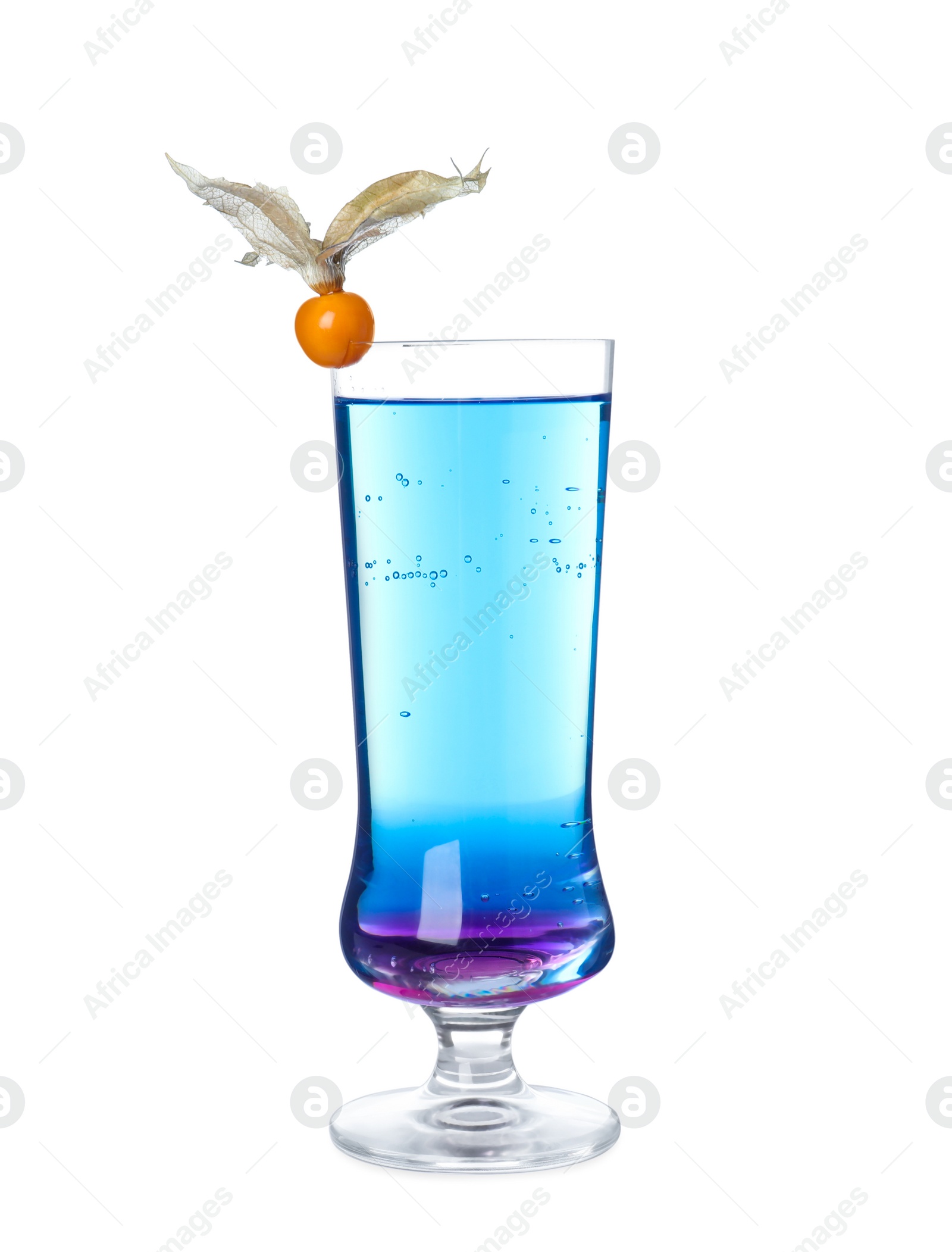 Photo of Refreshing cocktail decorated with physalis fruit on white background