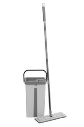 Photo of Mop and plastic bucket isolated on white