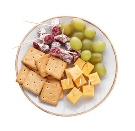 Photo of Toothpick appetizers. Tasty cheese, sausage, crackers and grapes on white background, top view