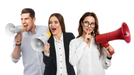Image of People with megaphones on white background. Banner design