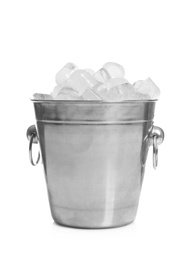 Photo of Metal bucket with pieces of ice on white background